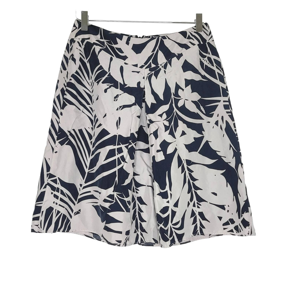 Ann Taylor Silk Skirt Size 4P Blue Ivory Floral Box Pleat A-Line